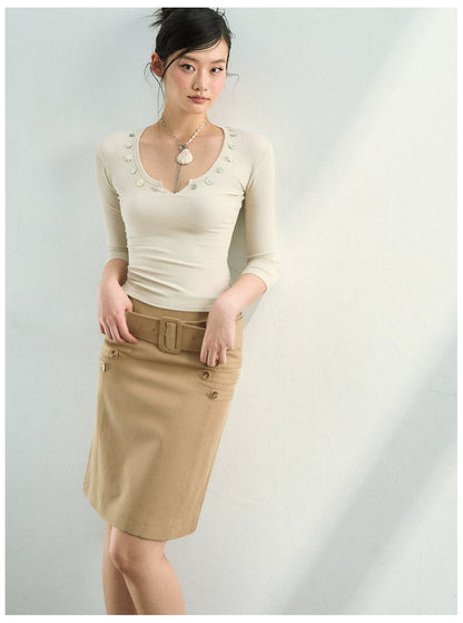 Belted A-Line Midi Skirt