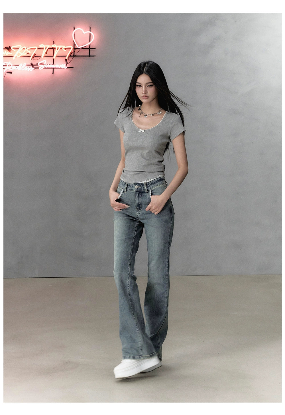 Light Blue Lace Patchwork Embroidered Jeans