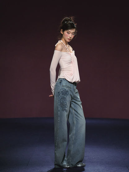 Beaded Embroidery Wide-Leg Straight Jeans - CHINASQUAD