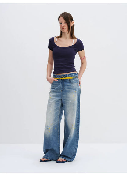 Washed Blue Curved-Leg Wide Denim Jeans