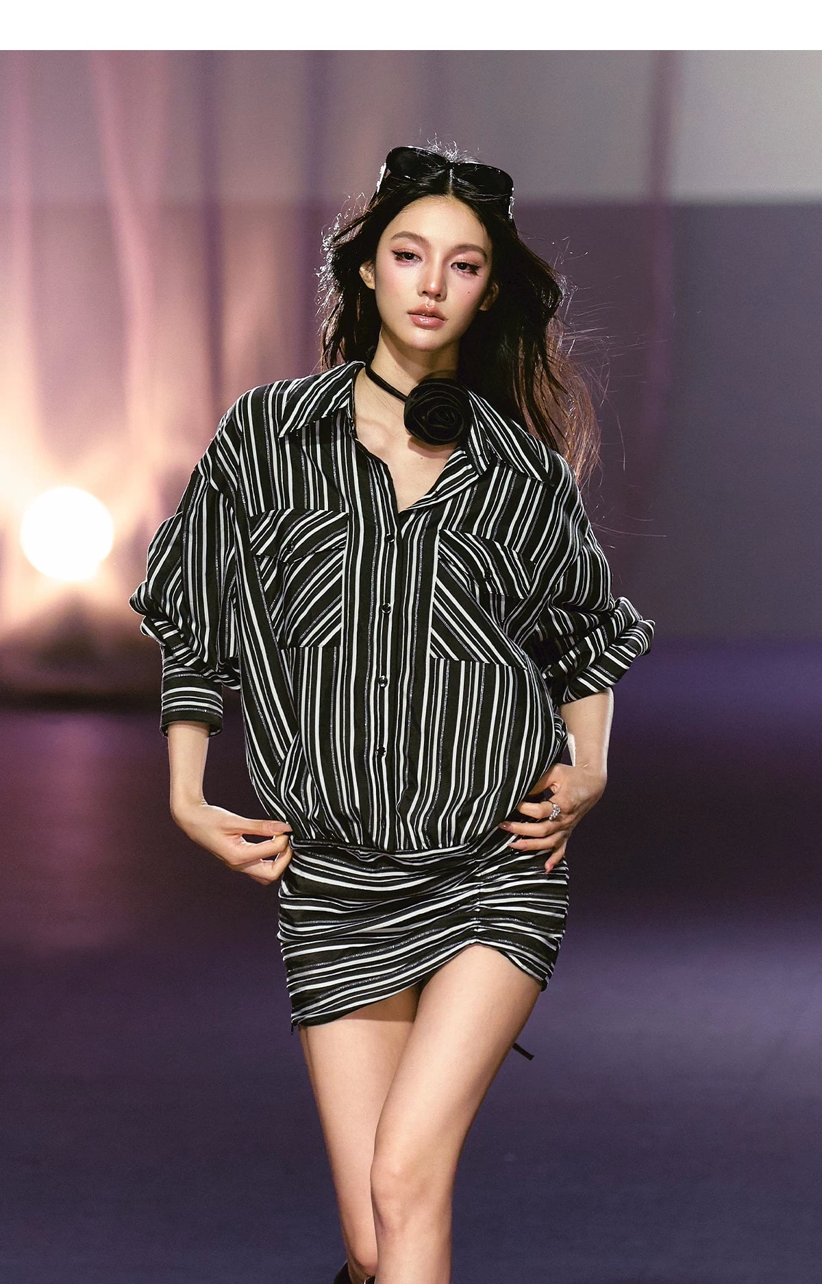 Striped Relaxed Shirt Dress with Satin Flower Brooch