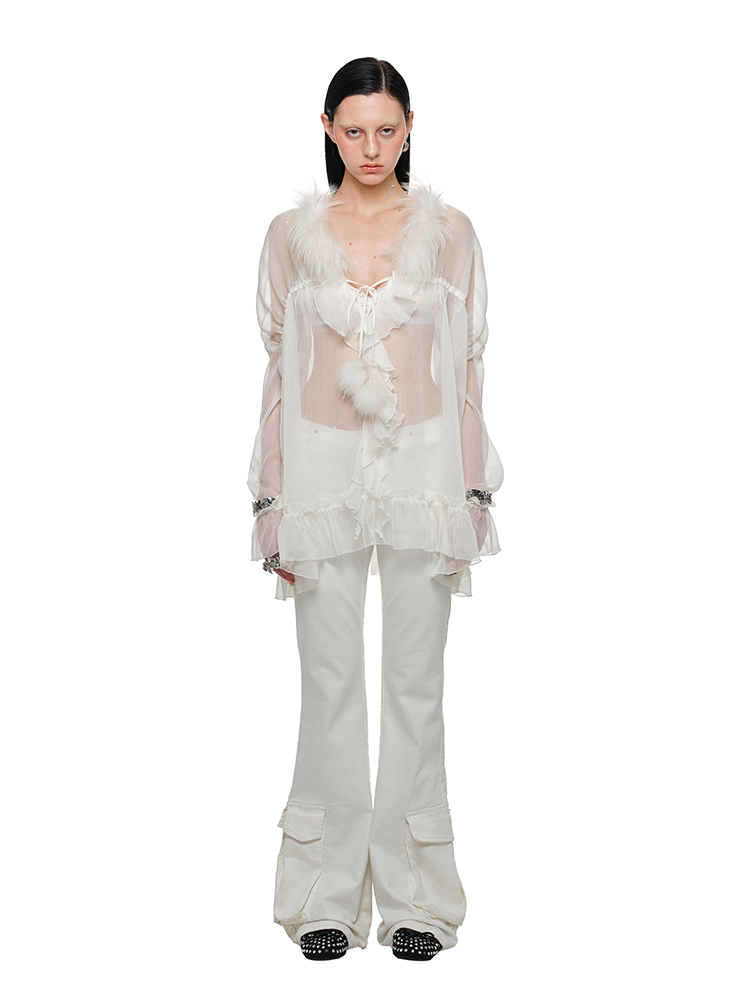 Chiffon and Fur Panel Shirt