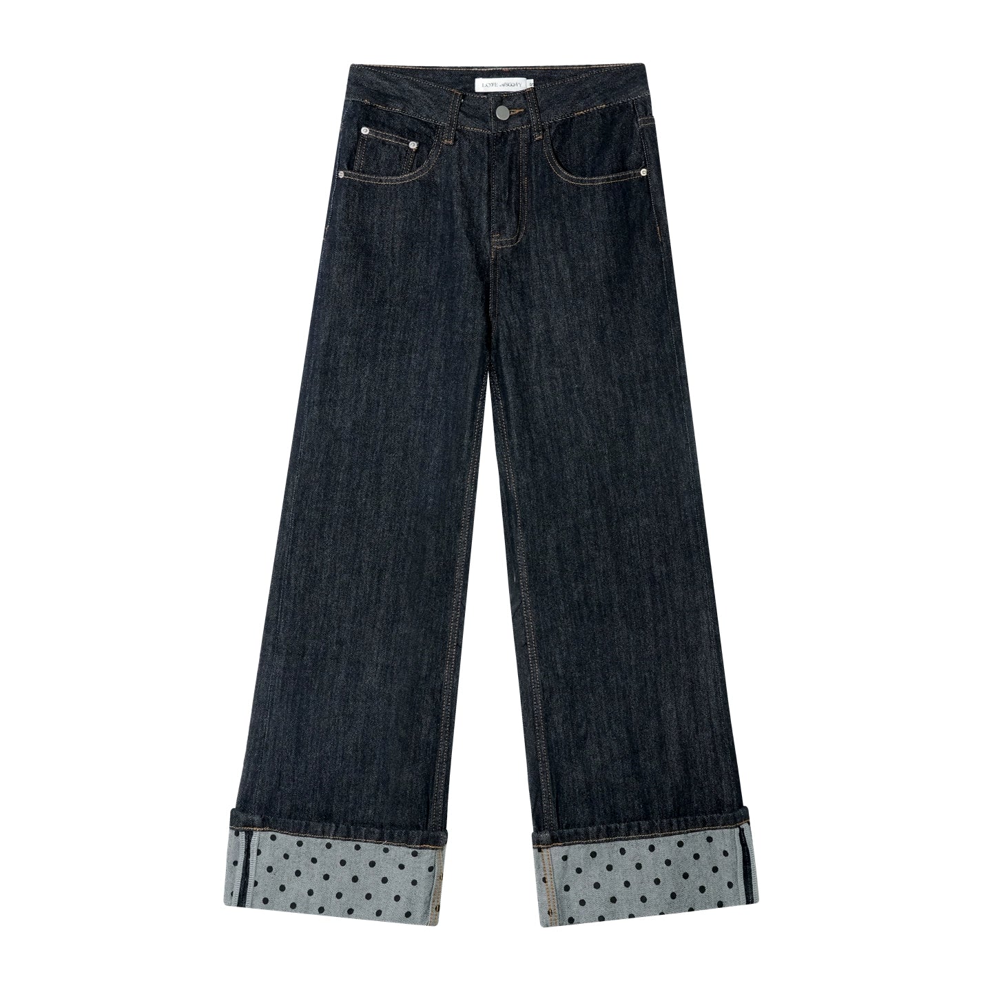 Contrast Cuff Polka Dot Denim Straight-Leg Jeans