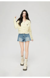 Milk Yellow & Gray V-Neck Knit Cardigan - CHINASQUAD