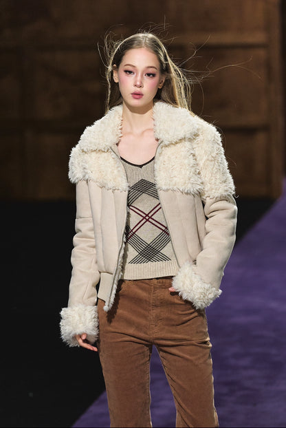 Faux Shearling Fitted Fur-Collar Jacket