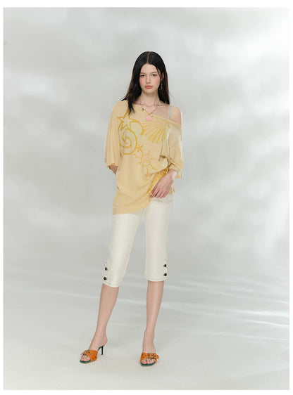 Ocean Print Asymmetric Oversized Modal T-Shirt