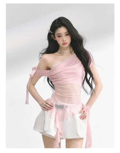 Off-Shoulder Mesh Short-Sleeve T-Shirt