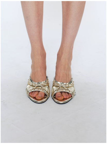 Studded Bow Peep-Toe Stiletto Sandals