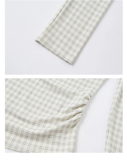 Velvet-Touch Plaid Draped Off-Shoulder Long Sleeve T-Shirts