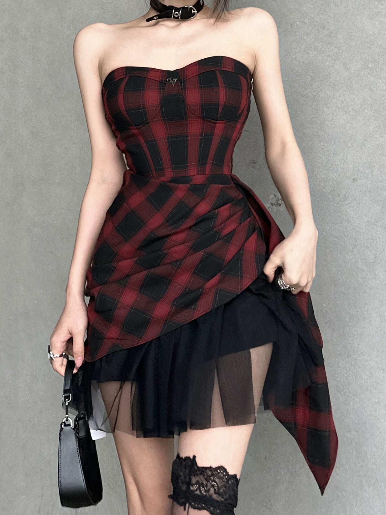 Red-Black Plaid Waist-Defining Dress