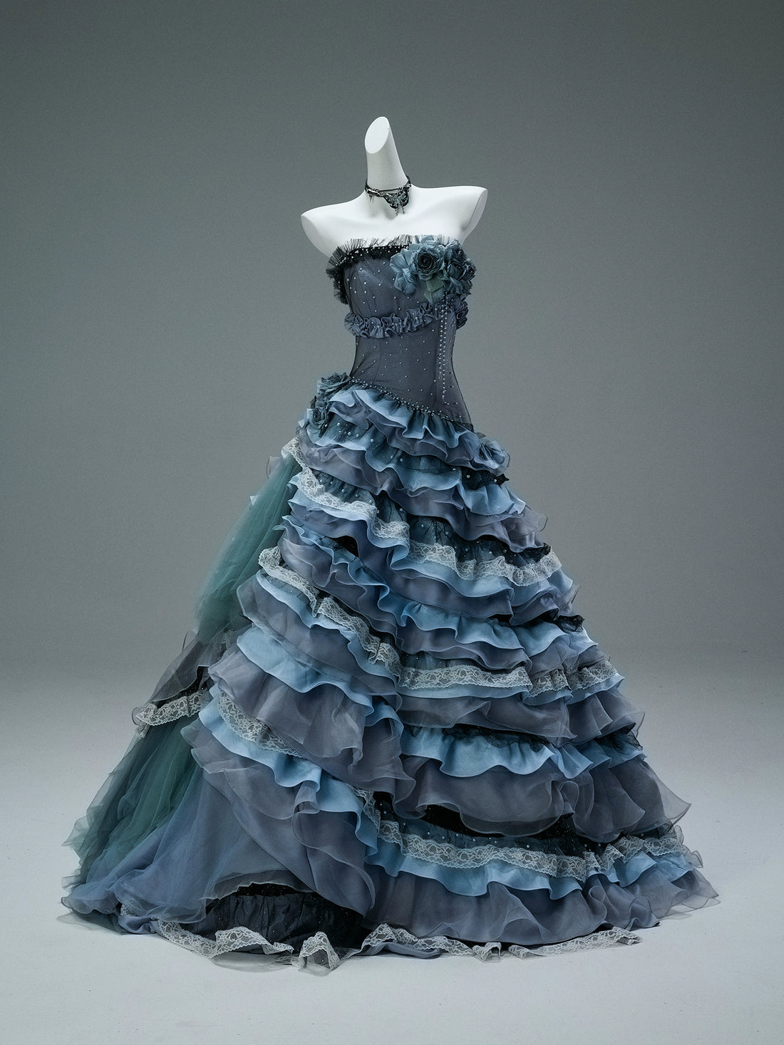 Nightscape Ruffled Tulle Gown with Floral Embellishments