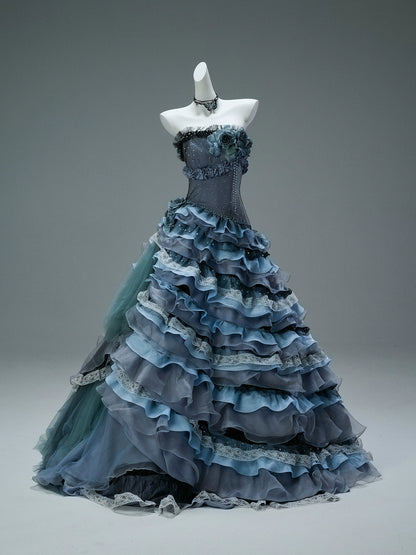 Nightscape Ruffled Tulle Gown with Floral Embellishments