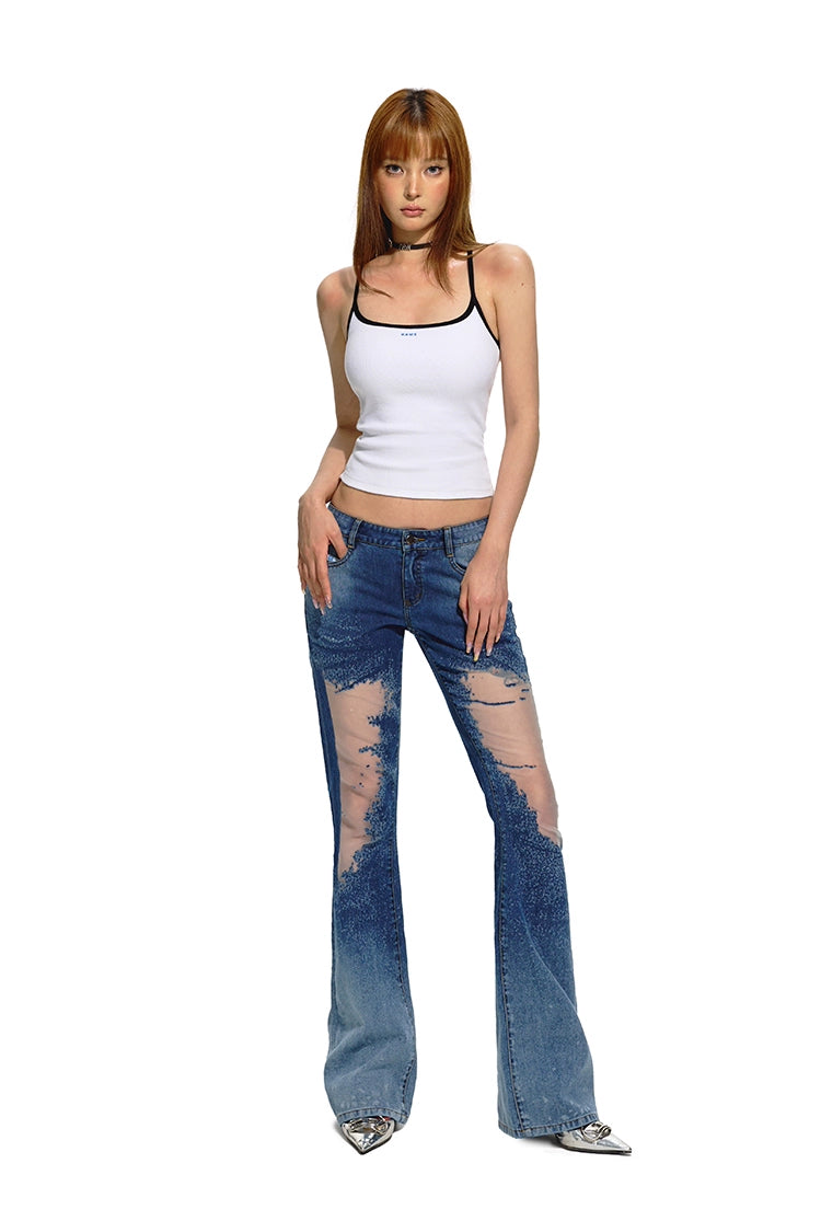 Blue Mesh Patchwork Low-Rise Flared Pants - CHINASQUAD