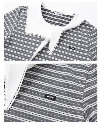 Tie-Neck Sailor Collar Striped Short Sleeve T-Shirt