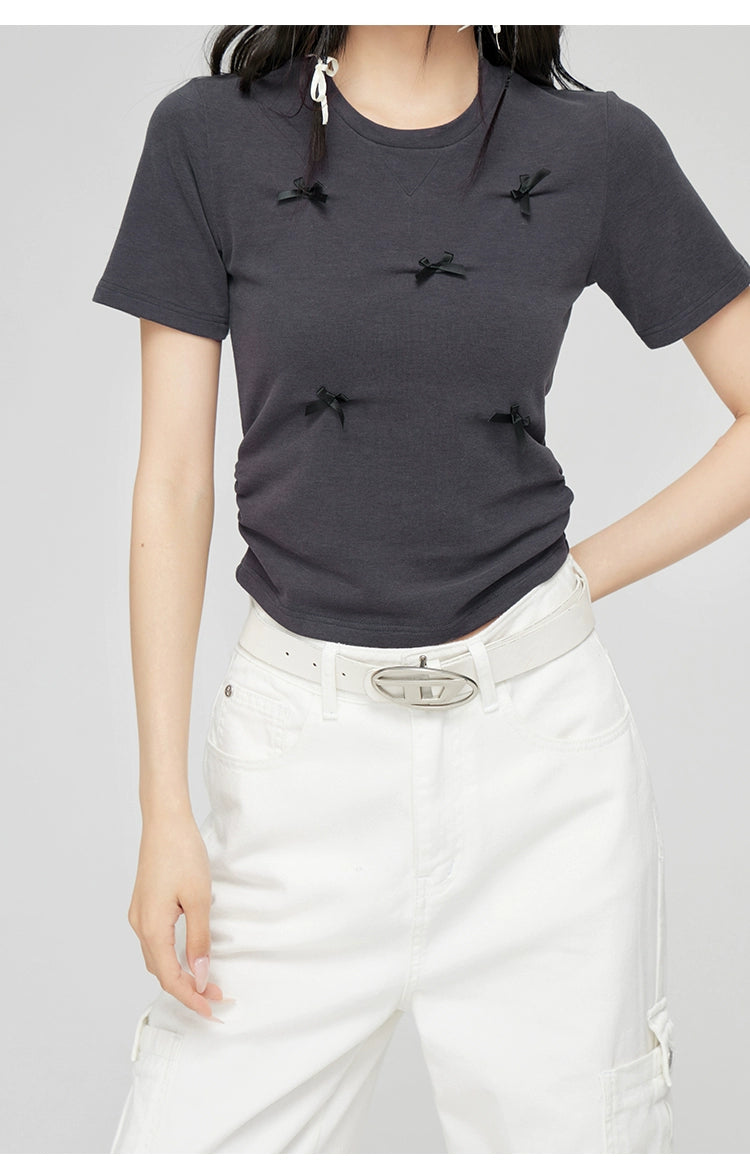 Off-white &amp; Gray Bow Tie Ruffled T-shirt - CHINASQUAD