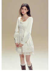 Beige Square Neck Lace Dress - CHINASQUAD