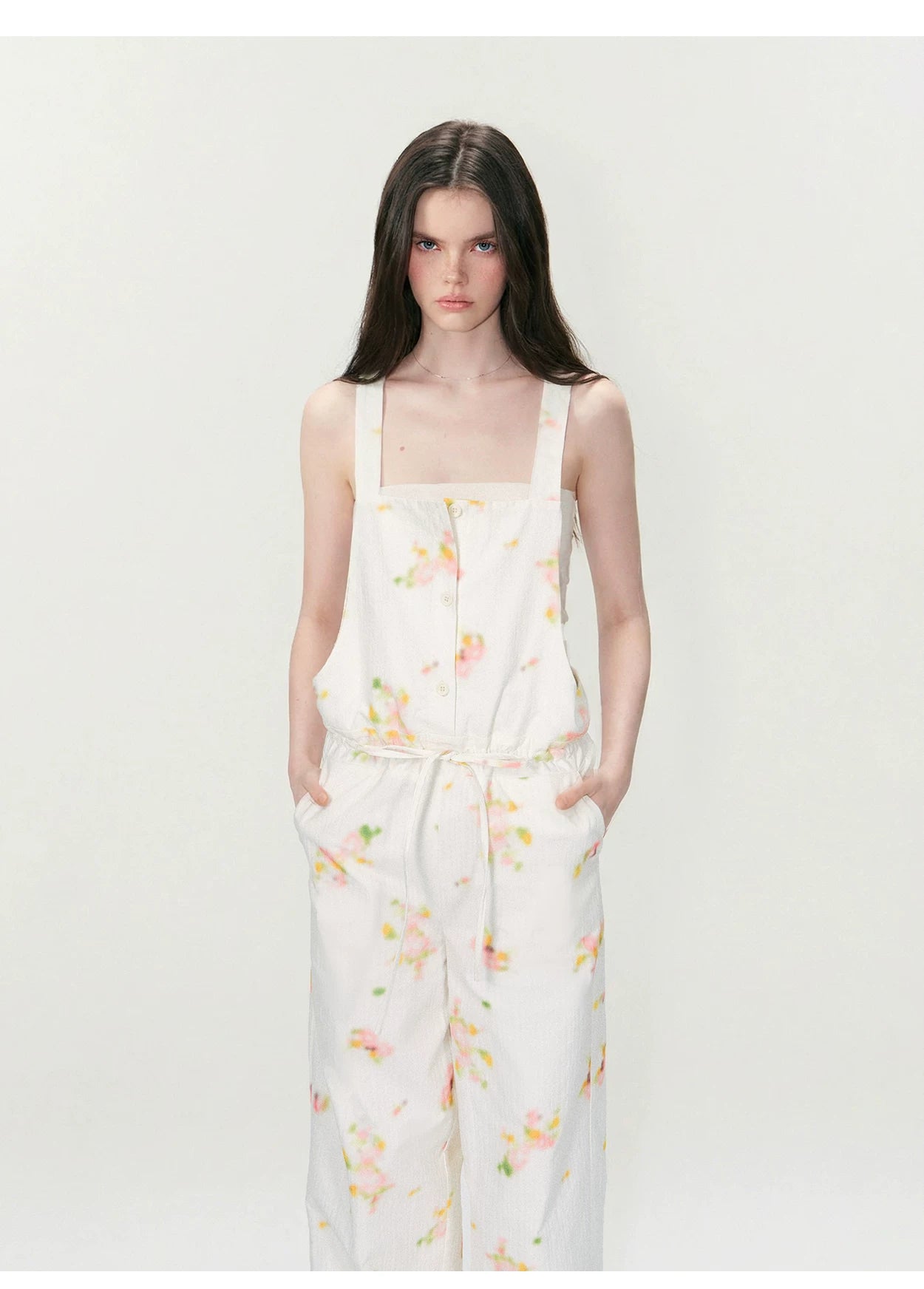 Vintage Soft-Blur Floral Backless Strap Jumpsuit