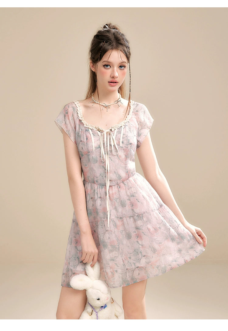 Pink Floral U-neck Lace Trim Dress