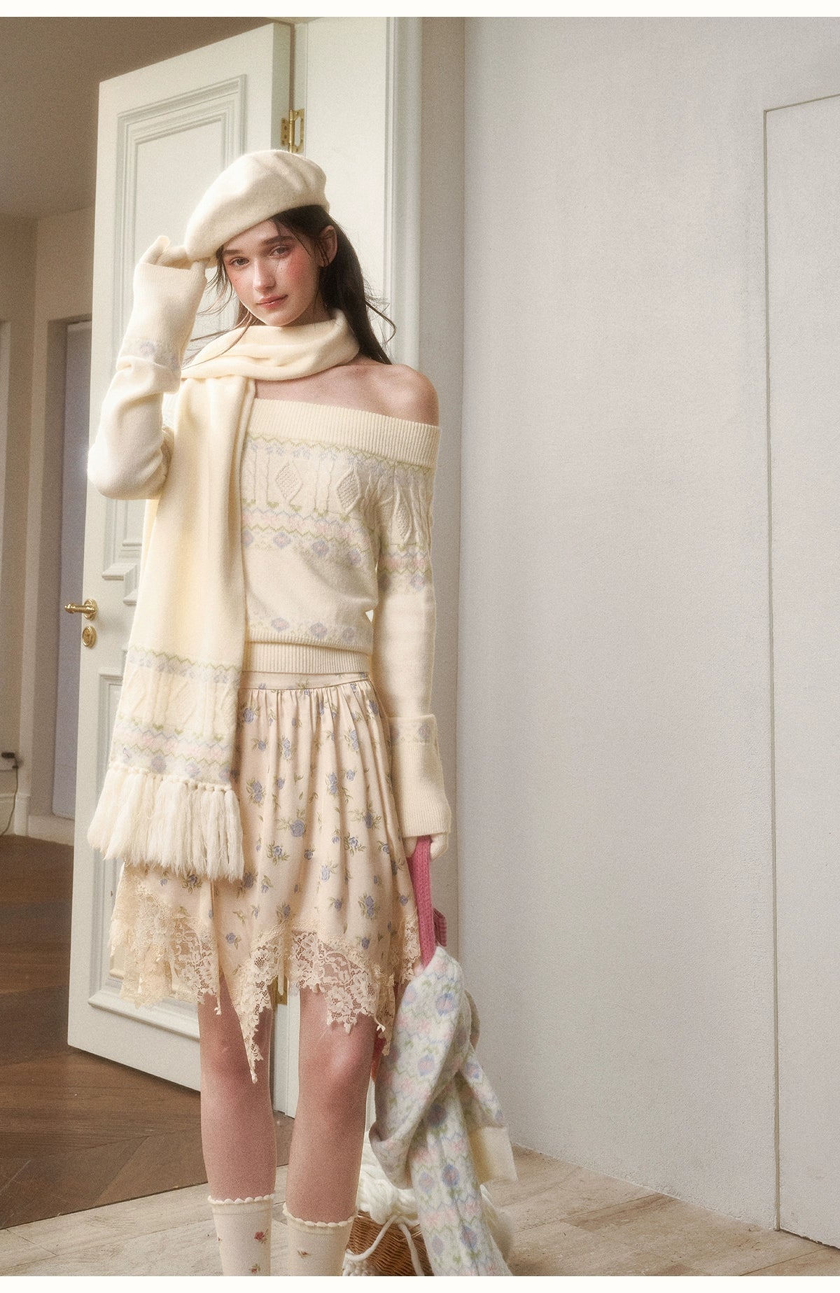 Cosagach Fair Isle Knit Crewneck &amp; Floral Skirt Set