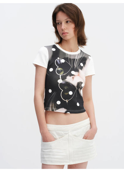 Playful Cat Polka Dot Cropped T-Shirt