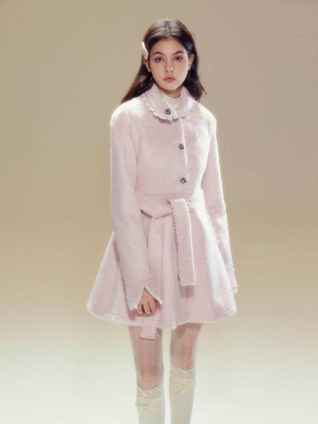 Pink Wool Lace Trim Waist Belted Coat - CHINASQUAD