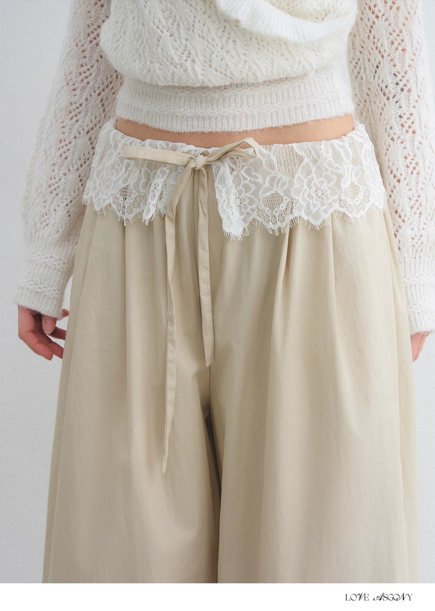 Lace Panel Drawstring Waist Wide-Leg Casual Pants