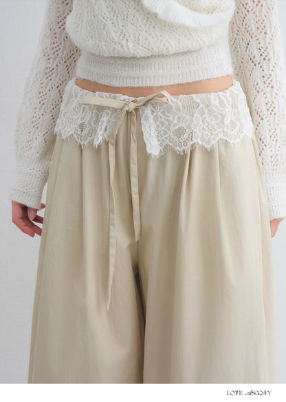 Lace Panel Drawstring Waist Wide-Leg Casual Pants
