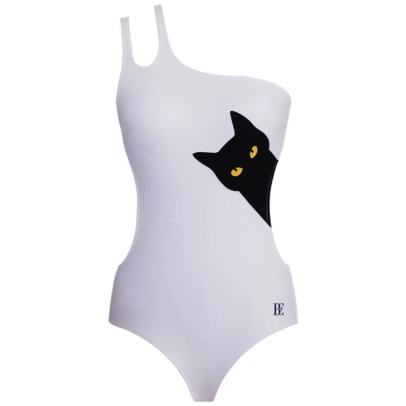 White Cat Print Open-back One-piece Swimsuit