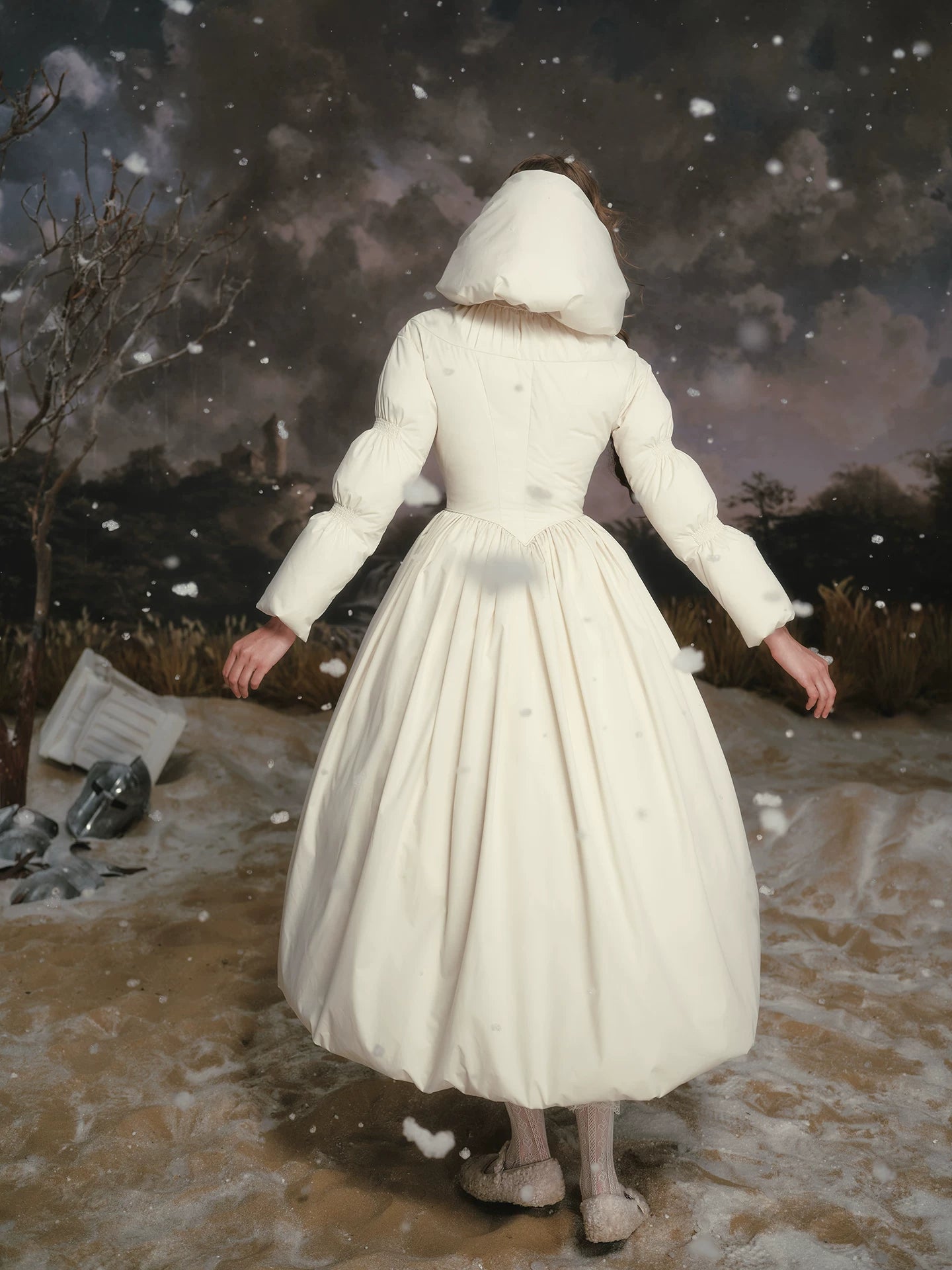 French Tailored Cinched-Waist Long Down Coat