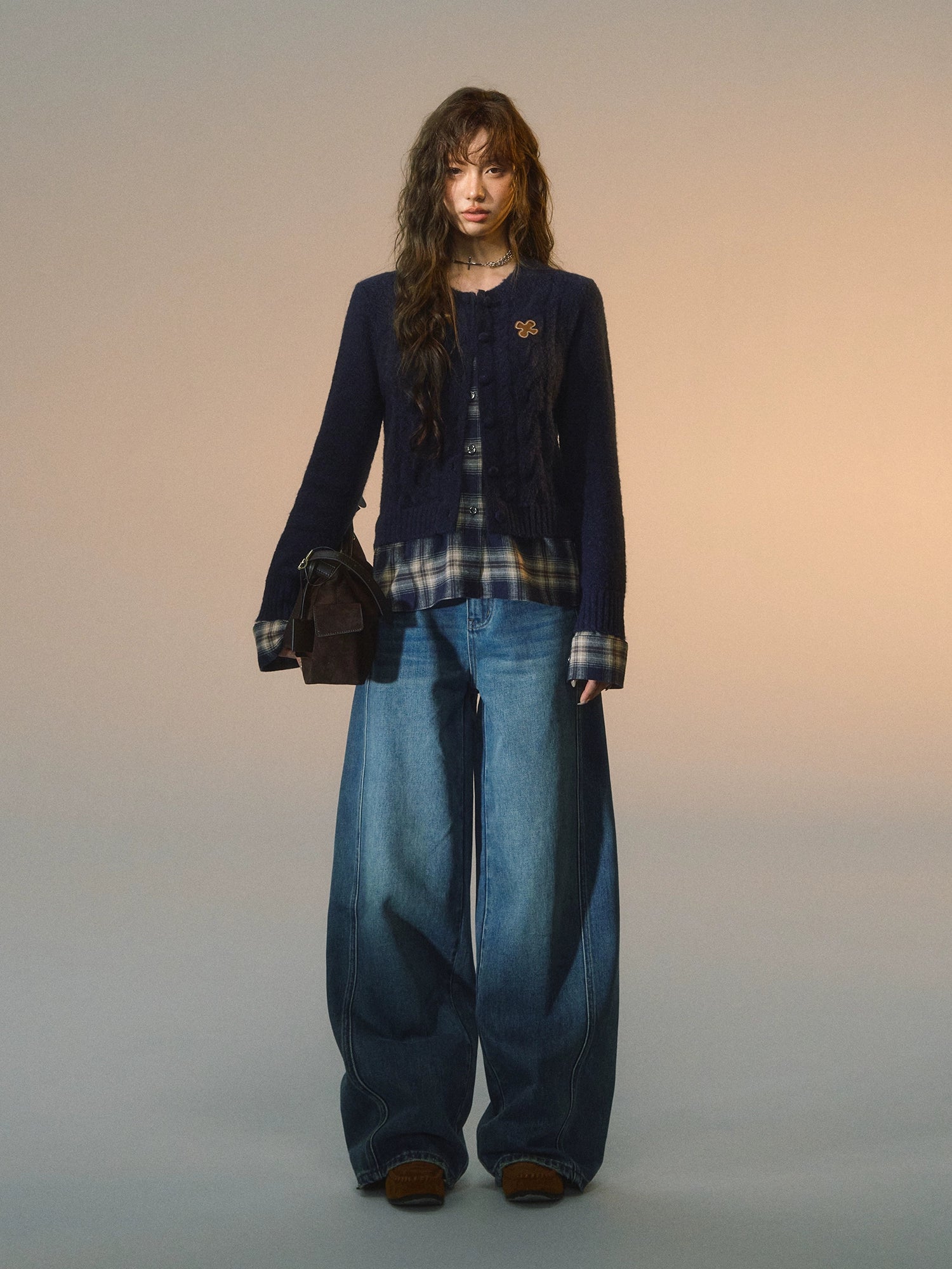 Layered Plaid Patchwork Cable Knit Cardigan