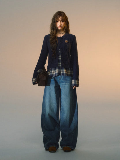 Layered Plaid Patchwork Cable Knit Cardigan