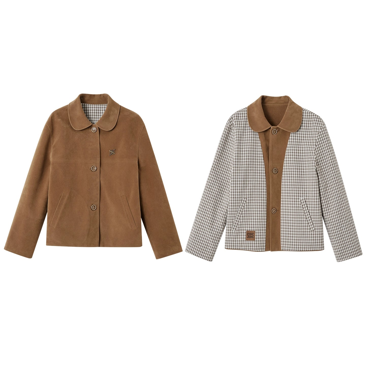 Velvet-Textured Peter Pan Collar Leather Jacket