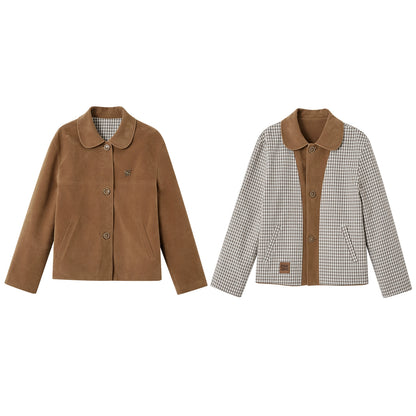 Velvet-Textured Peter Pan Collar Leather Jacket