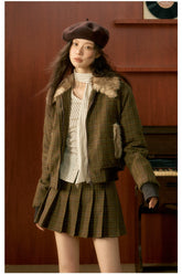 Khaki Plaid Patchwork Shearling Jacket & Pleated Skirt Set - CHINASQUAD