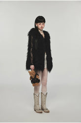 Camel & Black Wool Straight-Cut Furry Vest - CHINASQUAD