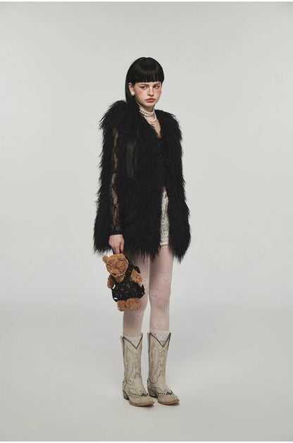 Camel &amp; Black Wool Straight-Cut Furry Vest - CHINASQUAD