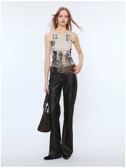 Reversible Newspaper Print Lace Panel Tank Top