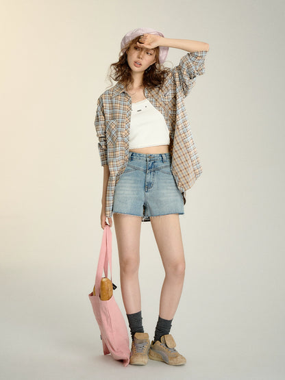 Color-blocked Plaid Oversized Shirt