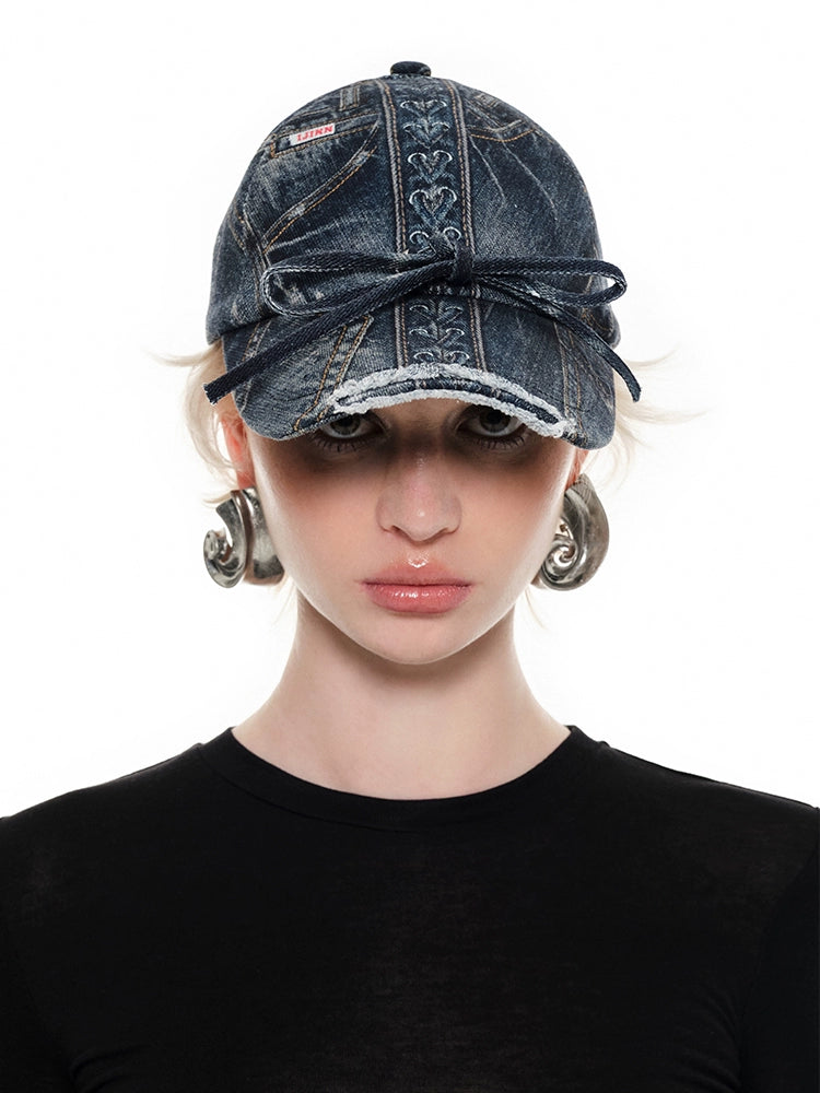 Black &amp; Blue Strap Denim Print Baseball Cap