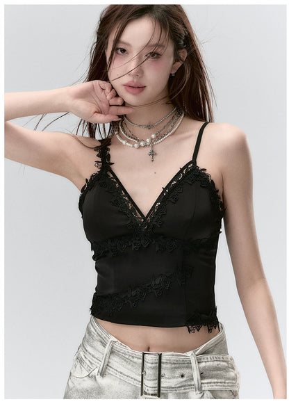 Lace Panelled Spaghetti Strap Tank Top - CHINASQUAD