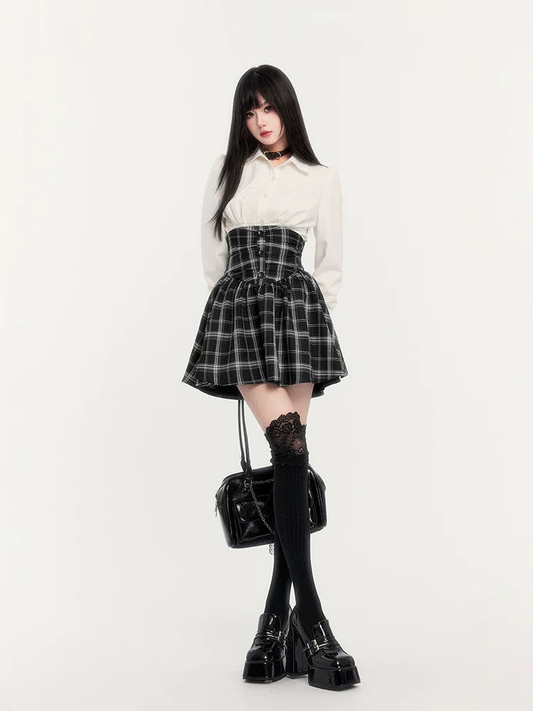 High-Waist Corset Plaid Suspender Skirt