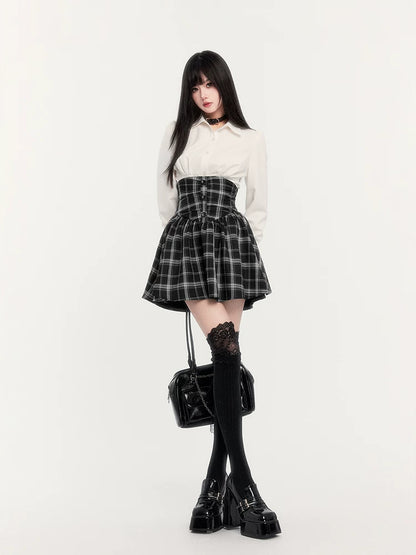 High-Waist Corset Plaid Suspender Skirt