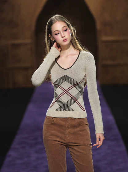 Vintage Check Contrast Slim-Fit Knit Crewneck