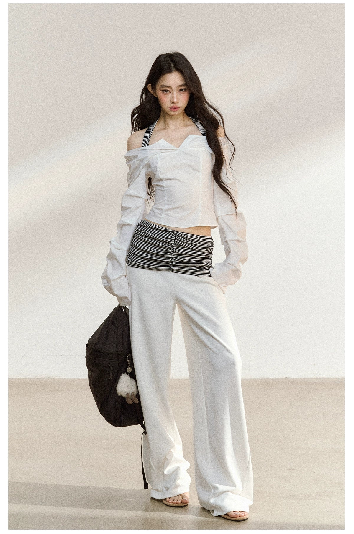 Striped Waist Panel Relaxed Straight-Leg Trousers
