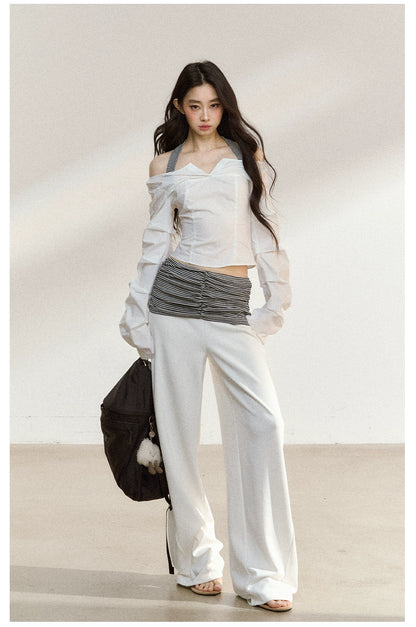 Striped Waist Panel Relaxed Straight-Leg Trousers