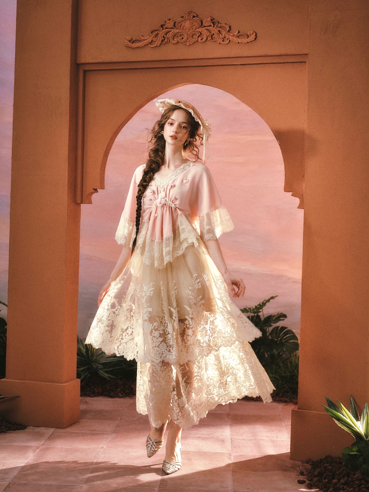 Peach Blossom Fan – French Lace V-Neck Blouse
