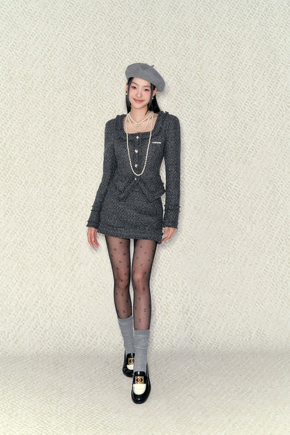 Gray Square Neck Fringed Jacket &amp; Skirt Set - CHINASQUAD