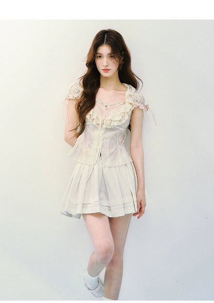 Layered Lace Lyocell Puff Sleeve Blouse