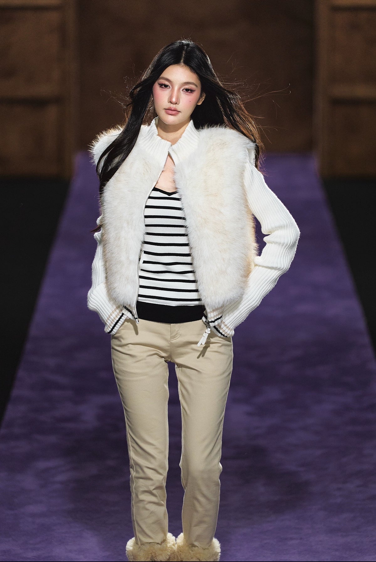 Faux Fur Knit-Panel Two-in-One Cardigan