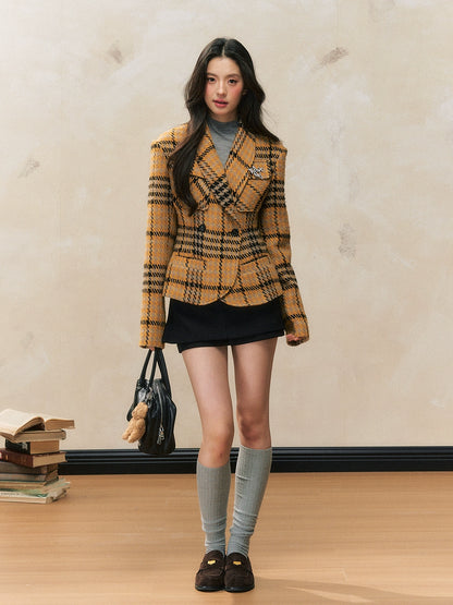 Yellow Plaid Fitted Shoulder-Pad Jacket